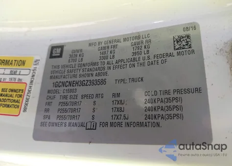 2016 Chevrolet Silverado 1500 Wt из США, поврежденный, VIN 1GCNCNEH3GZ393586